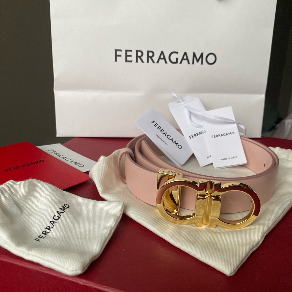 Salvatore Ferragamo Nude Pink Leather Belt with Gold Double Gancio Buckle
